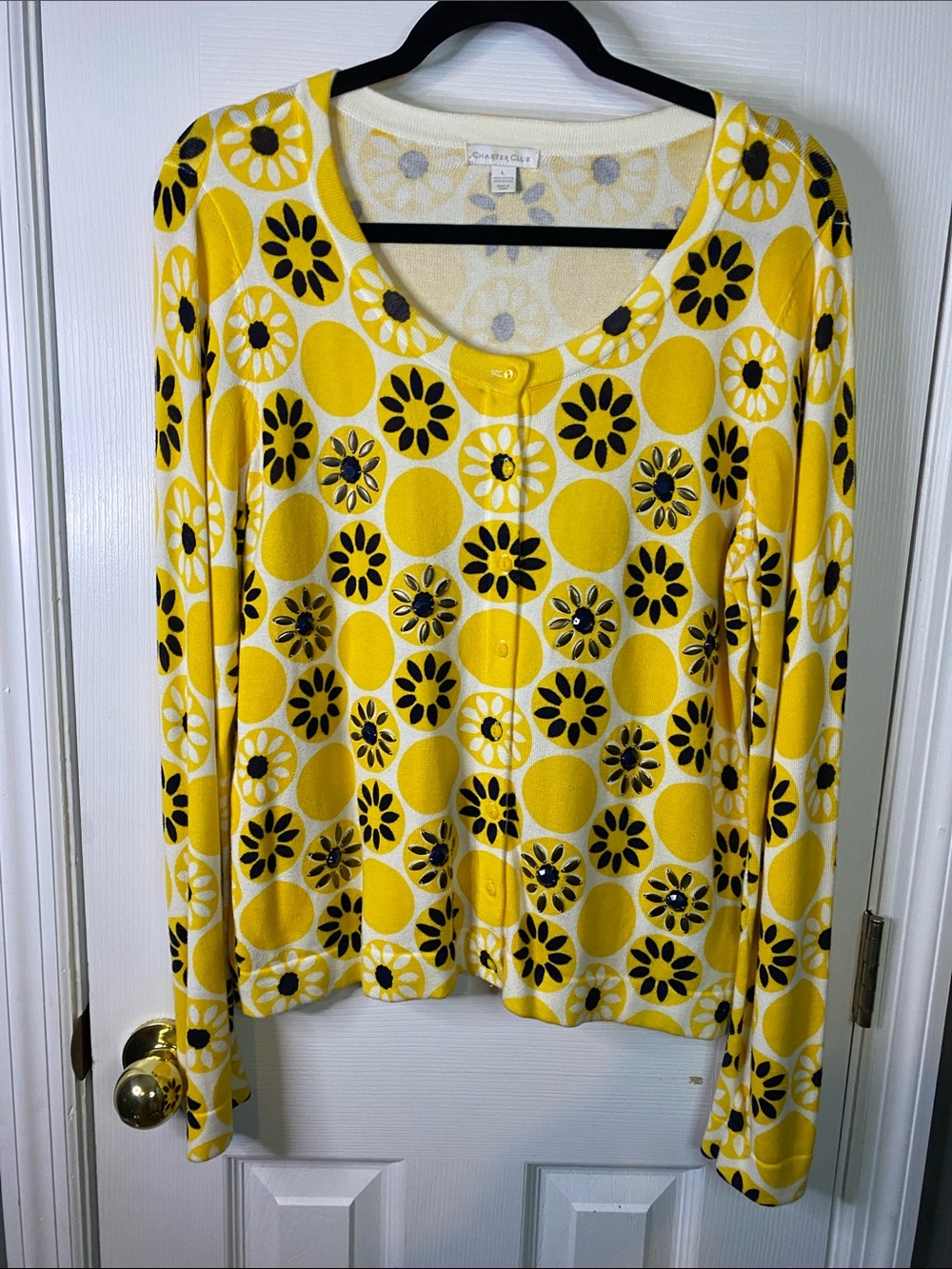 Charter ClubYellow and Black Polka Floral Cardigan Size Large.